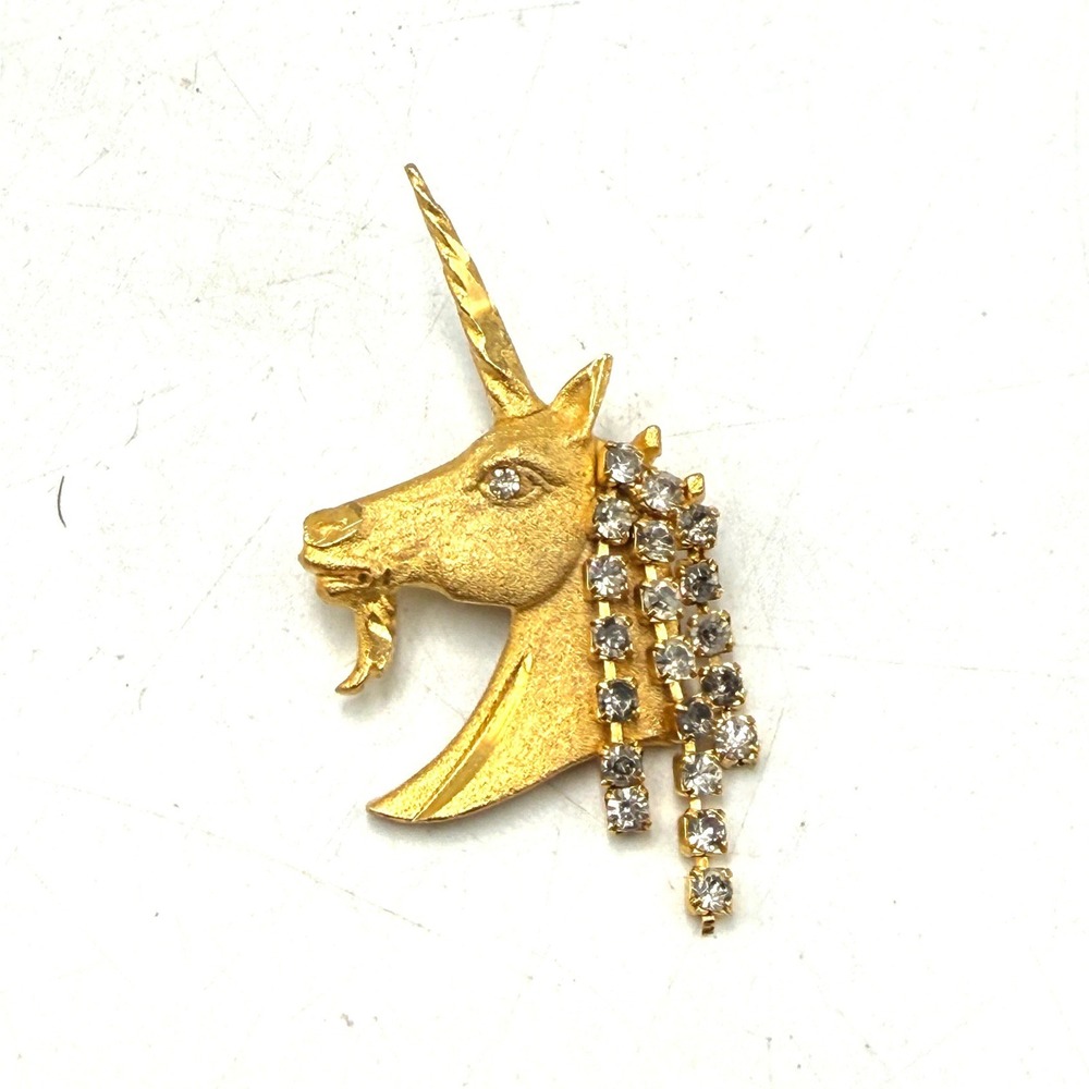 Vintage Gold Tone Unicorn Brooch Rhinestone Mane Mythical Creature Pin